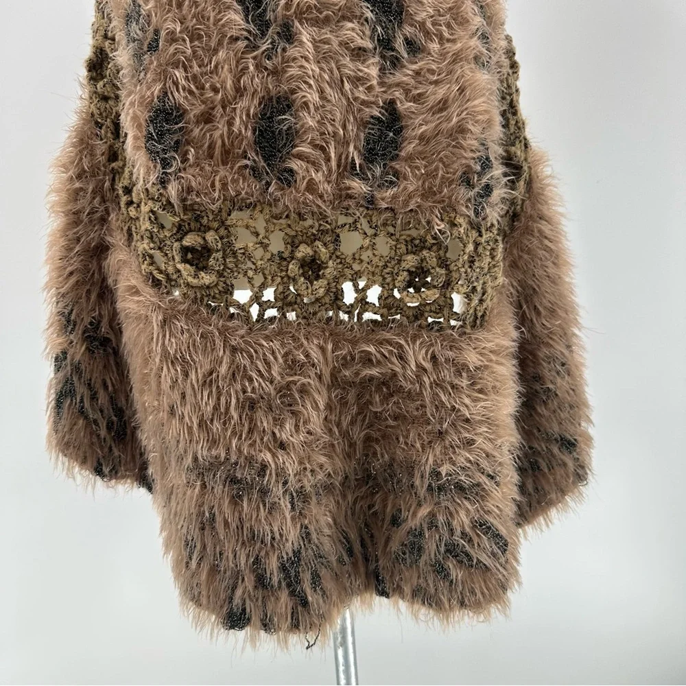 SKINNY BUNNY Fuzzy Crochet Open Cardigan Sz L Tan
